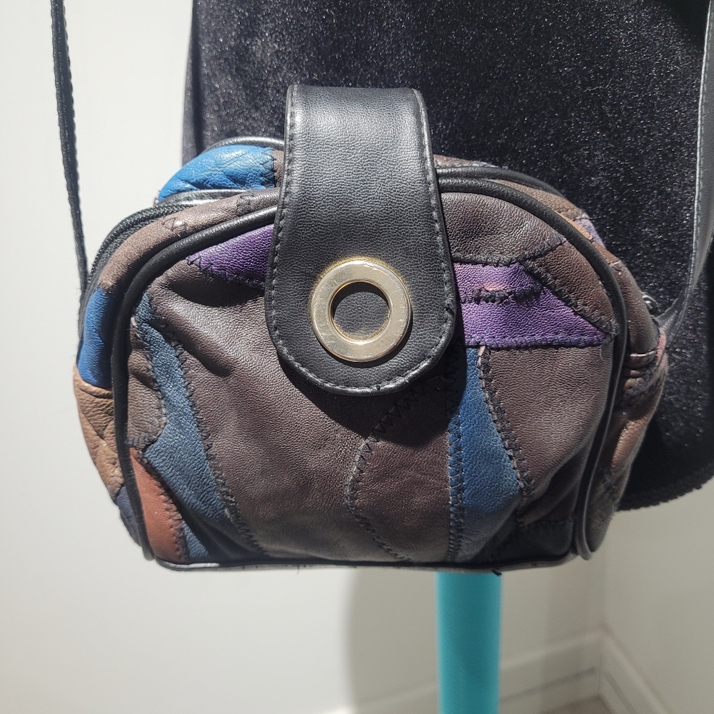 Vintage 80's Women's Patchwork Genuine Leather Crossbody Bag Black Multi Boho